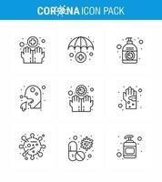 conjunto de ícones covid19 para infográfico pacote de 9 linhas, como creme de homem sujo, saúde, vômito, coronavírus viral, elementos de design de vetor de doença de 2019nov