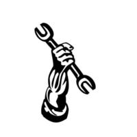 mão do mecânico segurando o círculo da chave inglesa retrô preto e branco vetor
