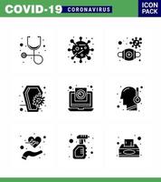 9 glifo preto conjunto sólido de ícones epidêmicos do vírus corona, como máscara de infecção por coronavírus, caixão mortal, coronavírus viral 2019nov elementos de design de vetor de doença