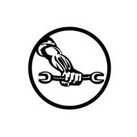 mão de mecânico segurando círculo de chave inglesa retrô preto e branco vetor