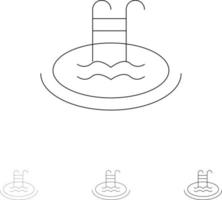 conjunto de ícones de linha preta em negrito e fino serviço de piscina de hotel vetor