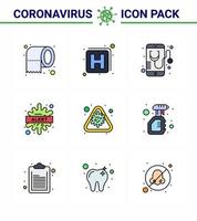 conjunto de ícones de prevenção de coronavírus 9 ícone de cor plana de linha preenchida, como alerta de bactérias de saúde de doença alerta vírus viral 2019nov elementos de design de vetor de doença