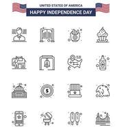 pacote de linha de 16 símbolos do dia da independência dos eua de elefante doce bolo de muffin rápido editável elementos de design do vetor do dia dos eua