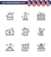 pacote de 9 sinais de linhas de celebração do dia da independência dos eua e símbolos de 4 de julho, como o desfile do dólar de washington dos eua, editável, elementos de design do vetor do dia dos eua