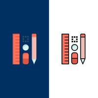 caneta lápis escala ícones de educação plana e linha cheia conjunto de ícones vector fundo azul