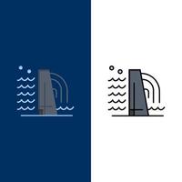 ícones da indústria de fábrica de construção civil plana e linha cheia de ícones conjunto de fundo azul vector