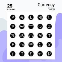conjunto de ícones de 25 moedas 100 eps editáveis 10 arquivos idéias de conceito de logotipo de negócios design de ícone de glifo sólido vetor