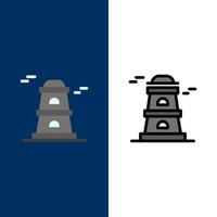 ícones de torre de vigia de torre de observatório plano e conjunto de ícones cheios de linha vector fundo azul