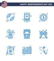 conjunto de 9 ícones do dia dos eua símbolos americanos sinais do dia da independência para fastfood refrigerante telefone sinal de bebida editável dia dos eua vetor elementos de design