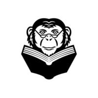 chimpanzé chimpanzé macaco primata ou macaco usando óculos, lendo livro mascote preto e branco vetor