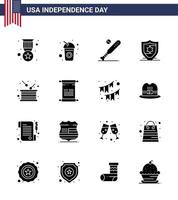 conjunto de 16 ícones do dia dos eua símbolos americanos sinais do dia da independência para proteção de bola de escudo de tambor eua editável elementos de design do vetor do dia dos eua