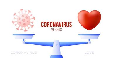 coronavírus ou ilustração vetorial de amor. conceito criativo de escalas e versus, de um lado da escala está o vírus covid-19 e, do outro, o ícone de coração de amor. ilustração vetorial plana.