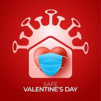 dia dos namorados seguro em casa 2021. cartão de amor coronavirus com ícone de forma de coração e casa de vetor. ficar em casa distintivo em quarentena. reação cobiçosa. vetor