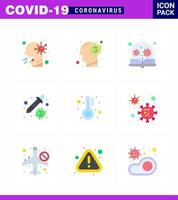 conjunto de ícones covid19 para infográfico 9 pacote de cores planas, como vírus de conta-gotas de pipeta, lupa, coronavírus viral, elementos de design de vetor de doença de 2019nov