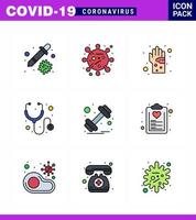Pacote de ícones de coronavírus covid19 de 9 linhas preenchidas, como halteres, bactérias médicas, saúde, higiene, coronavírus viral, elementos de design de vetor de doença de 2019nov