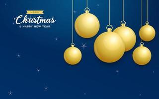 fundo azul de natal com bolas douradas brilhantes penduradas. cartão de feliz natal. feriado natal e cartaz de ano novo. banner da web vetor