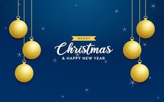 fundo azul de natal com bolas douradas brilhantes penduradas. cartão de feliz natal. feriado natal e cartaz de ano novo. banner da web vetor