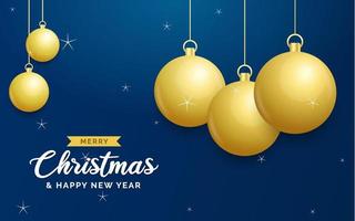 fundo azul de natal com bolas douradas brilhantes penduradas. cartão de feliz natal. feriado natal e cartaz de ano novo. banner da web vetor