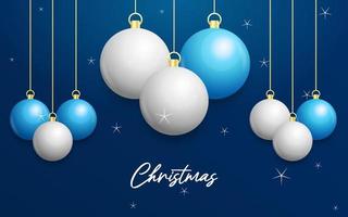 fundo azul de natal com bolas brancas e prateadas brilhantes penduradas. cartão de feliz natal vetor