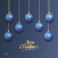 feliz natal banner azul escuro com bolas. cartão de Natal vetor