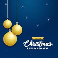 fundo azul de natal com bolas douradas brilhantes penduradas. cartão de feliz natal. feriado natal e cartaz de ano novo. banner da web vetor