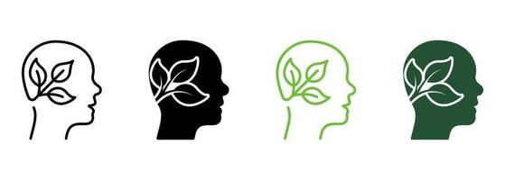 ideia de ecologia, linha de pensamento eco verde e conjunto de cores de ícone de silhueta. planta na cabeça humana. folha e coleção de símbolos de ambiente de cérebro de pessoa em fundo branco. ilustração vetorial isolada. vetor