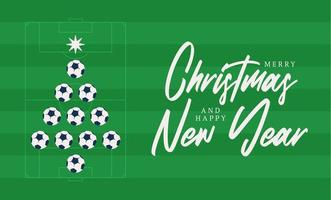 Natal e ano novo cartão plana dos desenhos animados. árvore de Natal criativa feita por bola de futebol de futebol no fundo do campo de futebol para a celebração do Natal e ano novo. cartão do esporte vetor