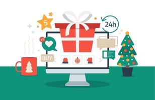 compras online de natal. ilustração em vetor plana dos desenhos animados com a tela do computador pc com caixa de presente vermelha, abeto, copo na mesa, vendas de férias de inverno. natal devido coronavírus