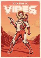 pin up girl astronauta em cartaz vintage de paisagem de marte vetor