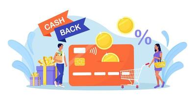 dinheiro online de volta ou conceito de reembolso de dinheiro. pessoas felizes com compras recebendo cashback para fazer compras. mulher obtém reembolso no cartão de crédito. economizar dinheiro, obter vouchers e descontos, programa de recompensa vetor