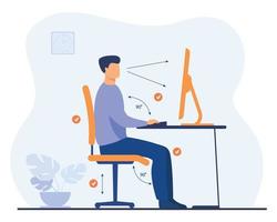 instrução pose correta durante o trabalho de escritório ilustração plana trabalhador dos desenhos animados sentado mesa com postura correta costas saudáveis olhando ilustração de personagem de computador vetor