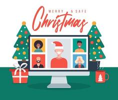 saudação online de Natal. pessoas encontrando-se on-line com a família ou amigos com videochamada na discussão virtual do computador pc. Feliz e seguro natal, escritório, mesa, local de trabalho vetor