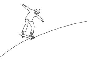 contínuo um desenho de linha de jovem jogando skate. menino jogando competição desafiadora esporte isolado no fundo branco. tema de ilustração vetorial de esporte. estilo minimalista vetor