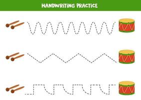 linhas de rastreamento para crianças. tambores de desenhos animados. prática da escrita. vetor