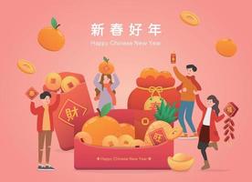 cartaz ou cartão para comemorar o ano novo chinês, saco de papel vermelho com muito dinheiro e pessoas felizes