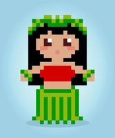 Pixels de 8 bits de dançarina de hula. tradição havaiana para ativos de jogos e padrões de ponto cruz em ilustrações vetoriais. vetor