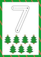 flashcard de natal como escrever o número sete. planilha para crianças. vetor