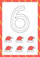 flashcard de natal como escrever o número seis. planilha para crianças.