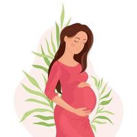 mulher grávida feliz segurando a barriga em um fundo com folhas, o nascimento da vida. gravidez e maternidade. gravidez feliz. vetor