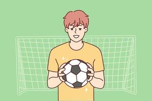 cara sorridente com bola fica perto de portões jogando futebol. feliz atleta masculino ou esportista desfrutar de jogo de futebol ao ar livre. goleiro perto da rede. ilustração vetorial. vetor