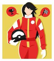 ilustração de um piloto feminino segurando um capacete. andar. ícone do troféu equipado, ícone da bandeira de corrida. o conceito de esportes, pilotos, profissões, ideais, beleza etc. vetor plano