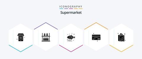 pacote de ícones de 25 glifos de supermercado, incluindo sacola de compras. finança. comida. débito. crédito vetor