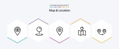 mapa e localização pacote de ícones de 25 linhas, incluindo gps. ponteiro. mais. mapa. alfinete vetor