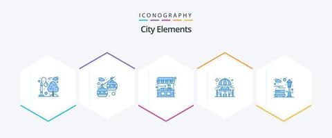 elementos da cidade 25 pacote de ícones azul, incluindo parque. banco. parar. mesa de estar. bebendo vetor