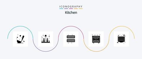 pacote de ícones do glifo 5 da cozinha, incluindo . placa. cubo. cozinha. microondas vetor