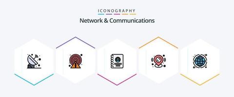 rede e comunicações 25 pacote de ícones de linha preenchida, incluindo globo. localização. apontar. mapa. telefone vetor