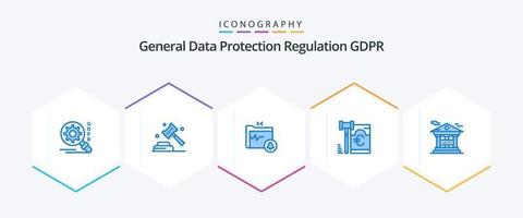 GDPR 25 pacote de ícones azuis, incluindo financeiro. lei. documento. segurança. RGPD vetor