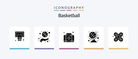 pacote de ícones de glifo 5 de basquete, incluindo lesão. ajuda. esporte. globo do clube desportivo. acessórios esportivos. design de ícones criativos vetor