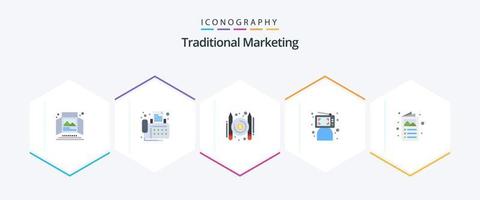 pacote de ícones planos de 25 ícones de marketing tradicional, incluindo pessoa. computador. dispositivo. clique. escritor vetor