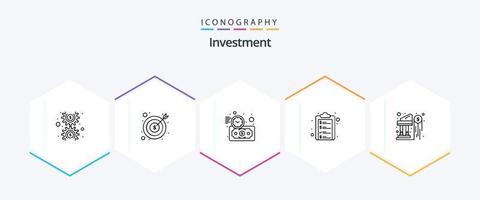 pacote de ícones de 25 linhas de investimento, incluindo banco. lista. dinheiro. prancheta. tempo vetor